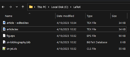 The original article (“article.tex”) and edited version (“article - edited.tex”), as well as some supplementary files, in a single folder.