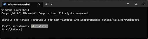 An example of a command terminal window. The selected text was typed by the user to navigate to the “latex” folder in the C:\ drive.